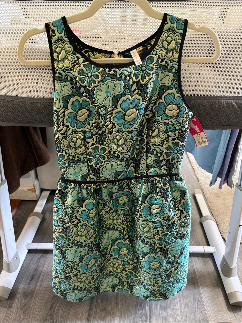 Xhilaration Teal and Gold Floral Jacquard Dress with Black Trim